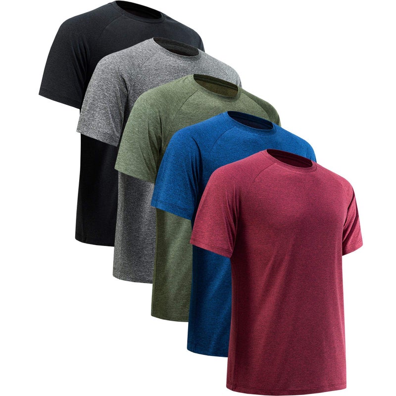 MCPORO Workout Shirts for Men Short Sleeve Quick Dry Athletic Gym Active T Shirt Moisture Wicking 5 Pack Black, Dark Grey, Dark Blue, Army Green, Wine Red 3X-Large - Image 1